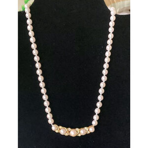 Simulated Pearl & Rhinestone Bar Bib Necklace Gold Tone Vintage 18” Well Made